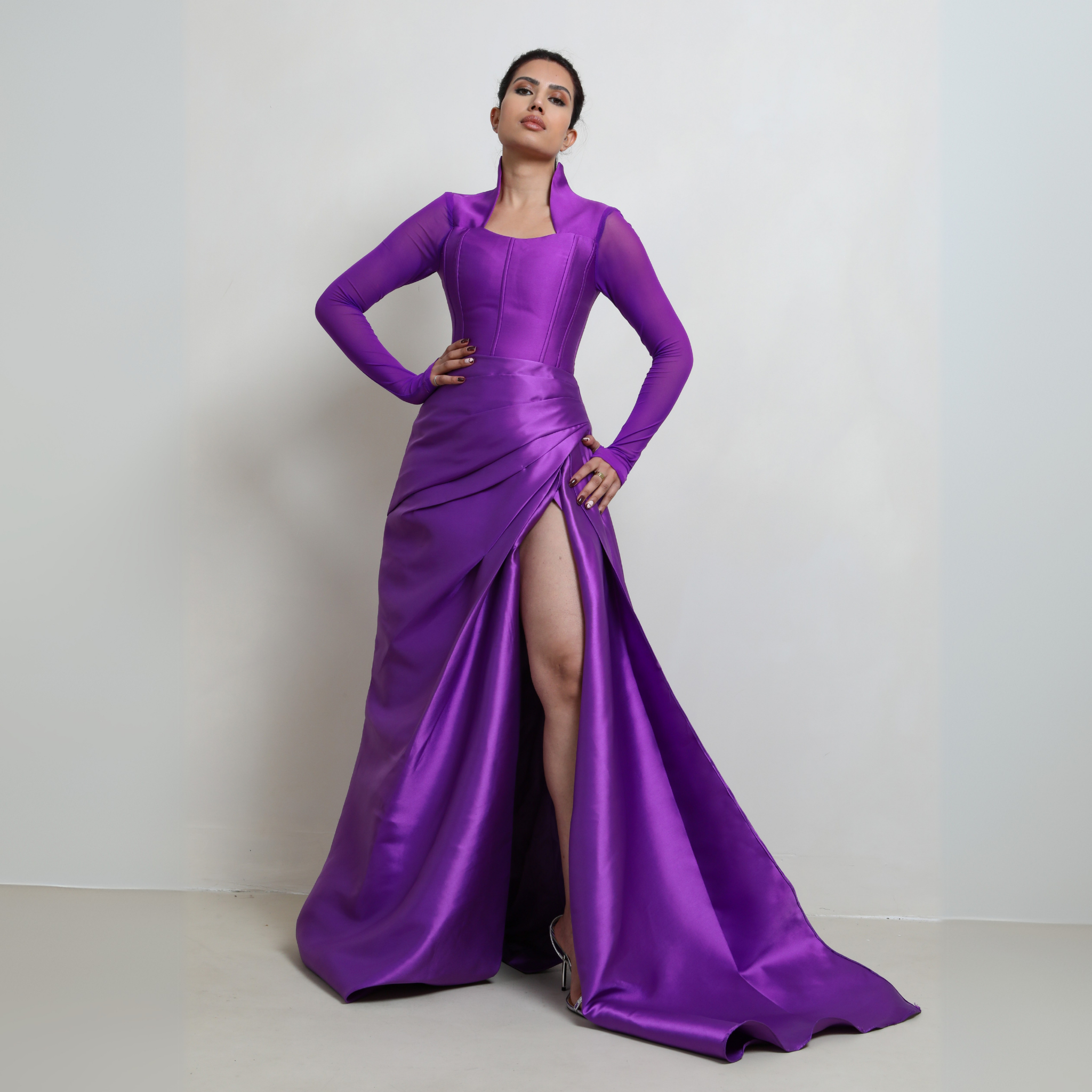 chinese dress ladies Long Sleeve Corset Maxi Dress with Slit Purple / M