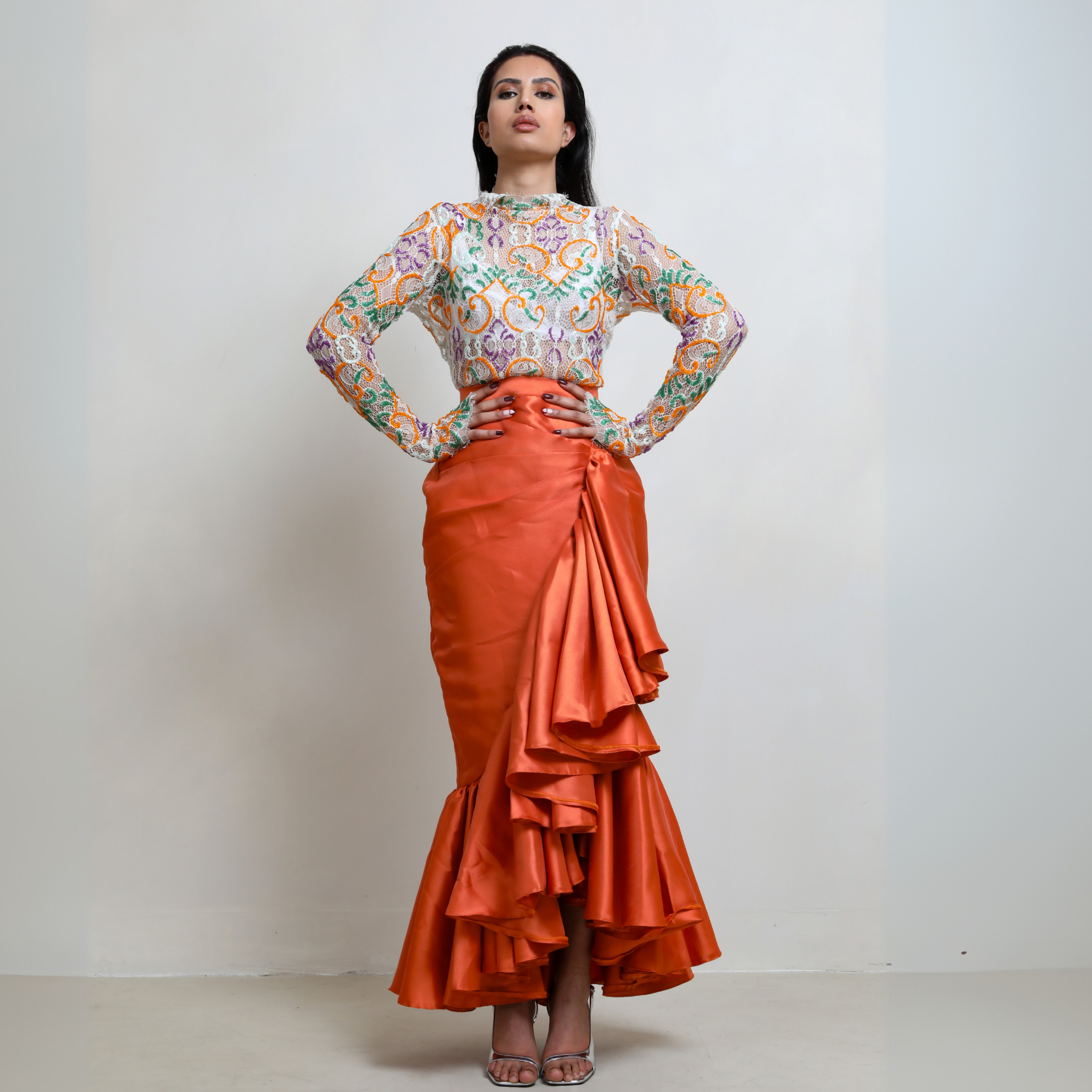 Becca High Waist Wrap Satin Midi Skirt with Ruffle Hem Imad