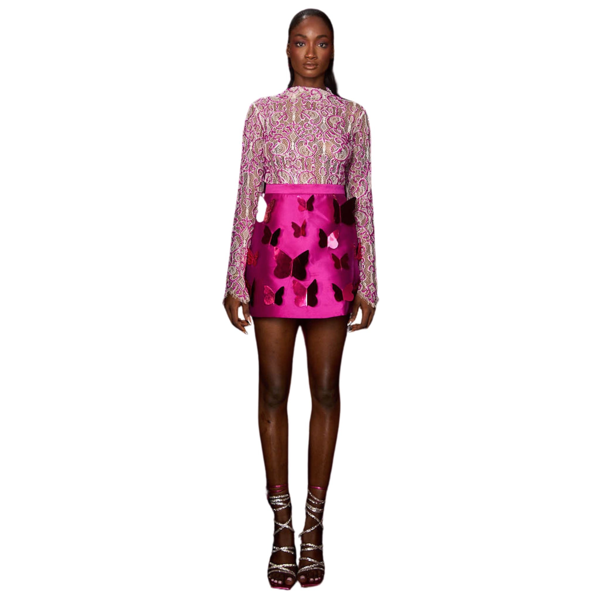 Gaia Fully Embellished Lace Bodysuit - Magenta X Jojo Skirt- Magenta - IMAD EDUSO