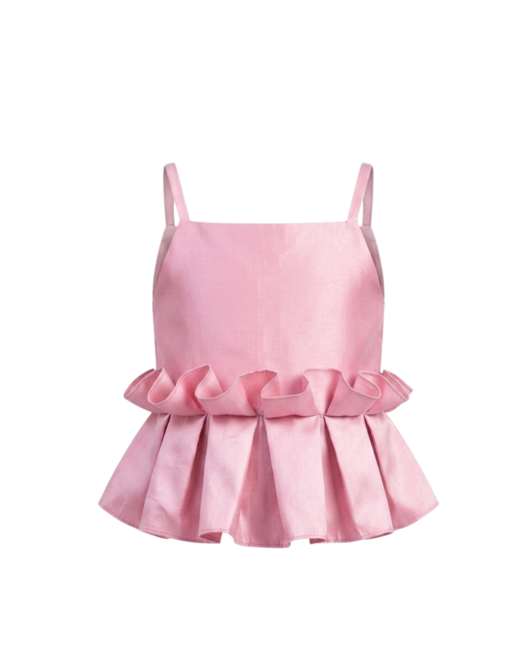 Front view of blush pink satin Peplum Top for girls with layered frill detailing