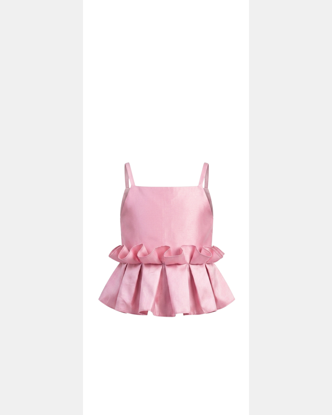 Front view of blush pink satin Peplum Top for girls with layered frill detailing