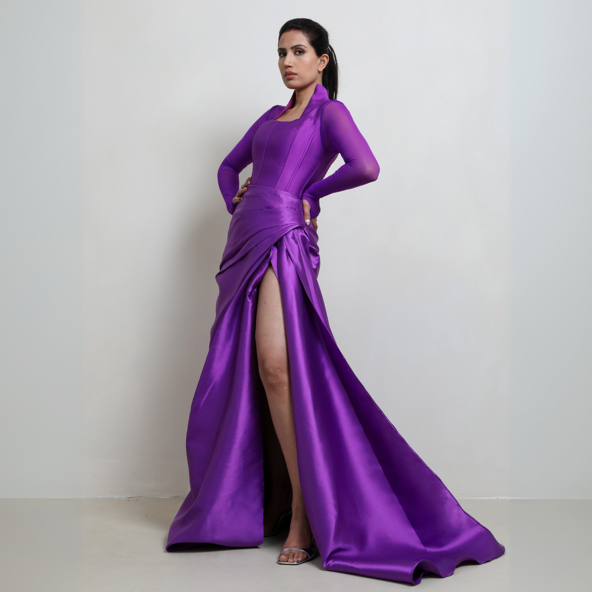 Long Sleeve Corset Maxi Dress with Slit Purple / S Long Sleeve Corset Maxi Dress with Slit Purple / S