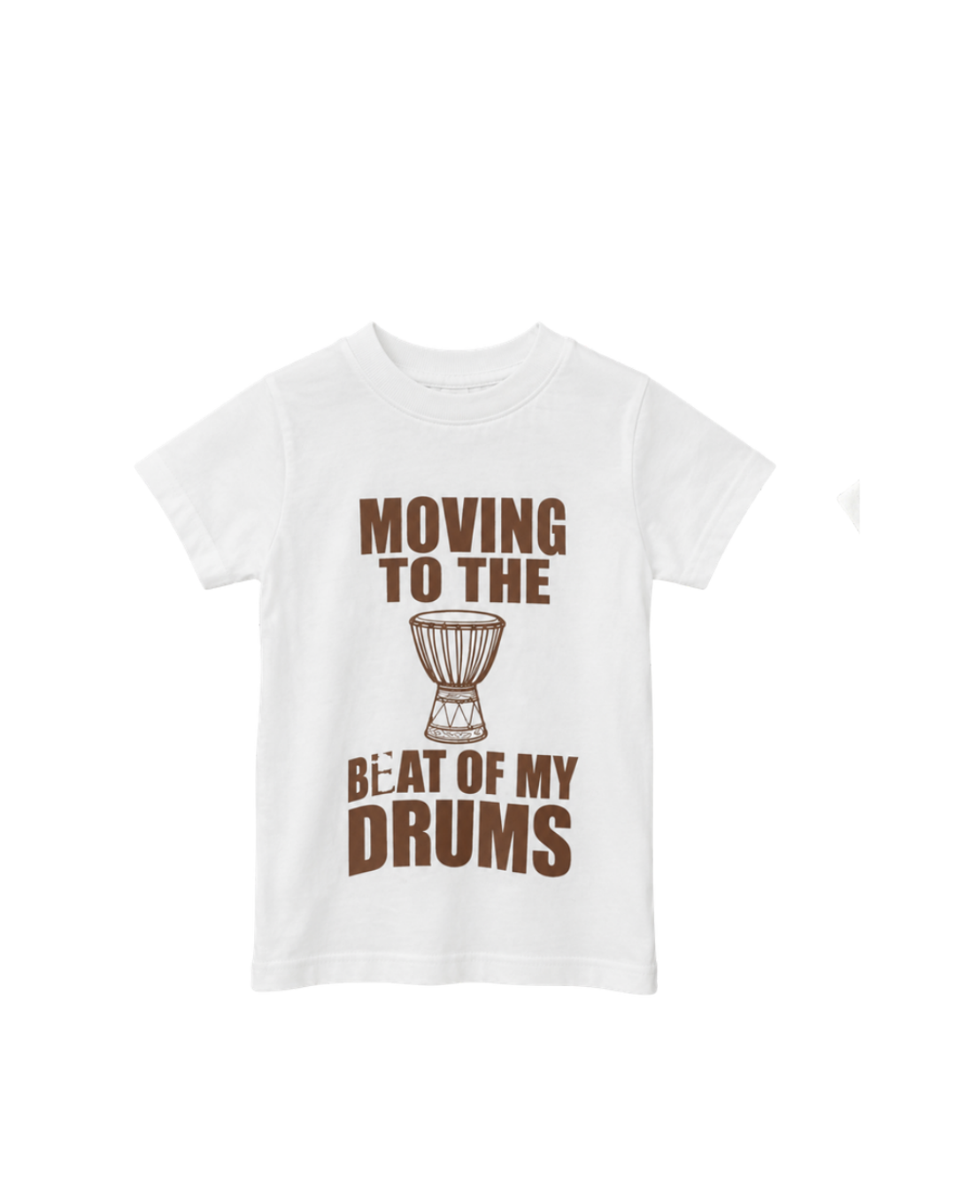 White Bàtá Tee for girls with brown drum graphic print and crew neckline by Imad Eduso Kids