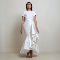 Becca high waist faux wrap midi skirt with ruffle hem and cascading pleats in satin, perfect for formal occasions or resort wear styled with a t-shirt.