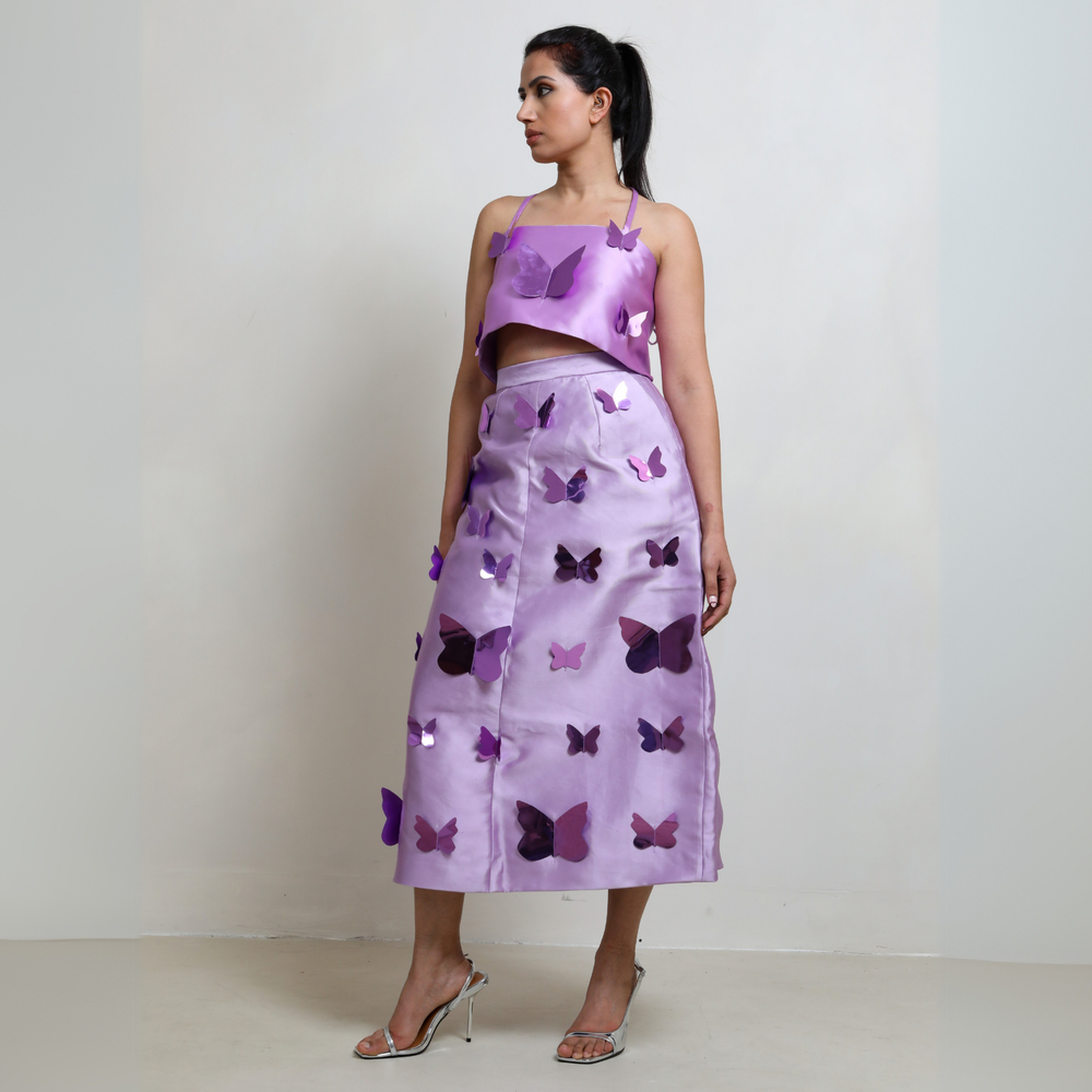 Fay high waist A-line satin midi skirt in lilac with sequin butterfly embellishments and side pockets, ideal for art gallery openings, night outs, and chic street style.