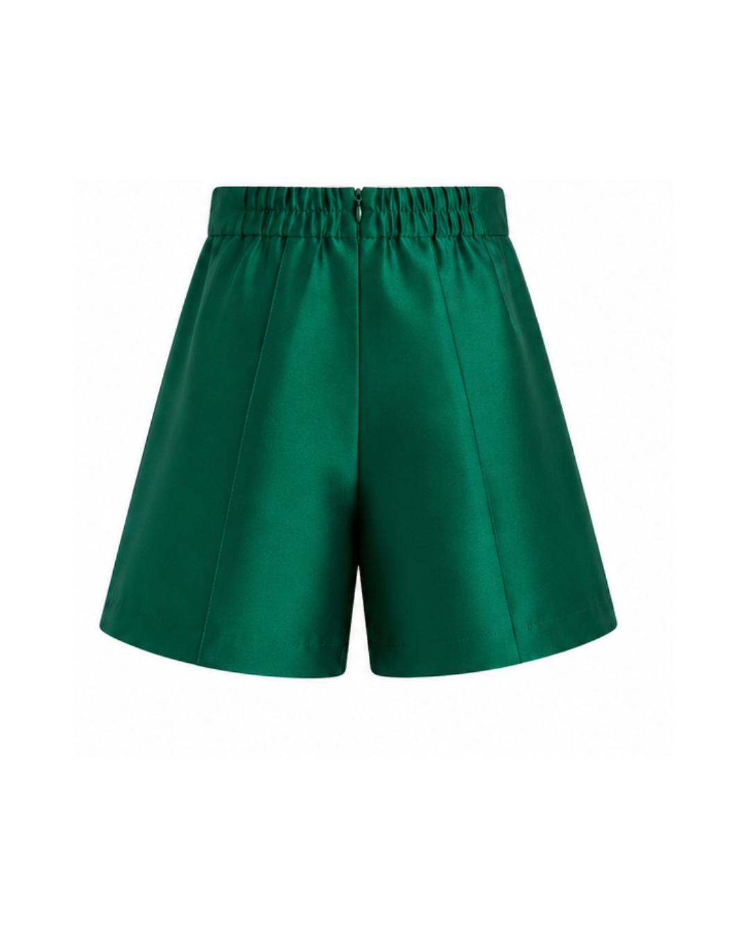 Emerald green tailored kids shorts back view with structured waistband and clean pleated silhouette