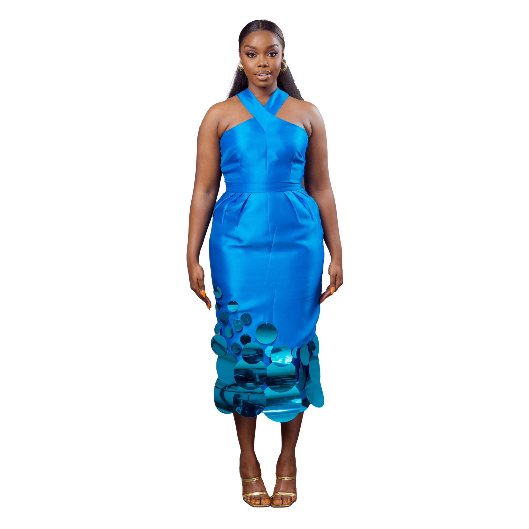 A model wearing a Turquoise top with criss-cross neckline and a Turquoise midi skirt with pleat details at the waist and sequins embellishment