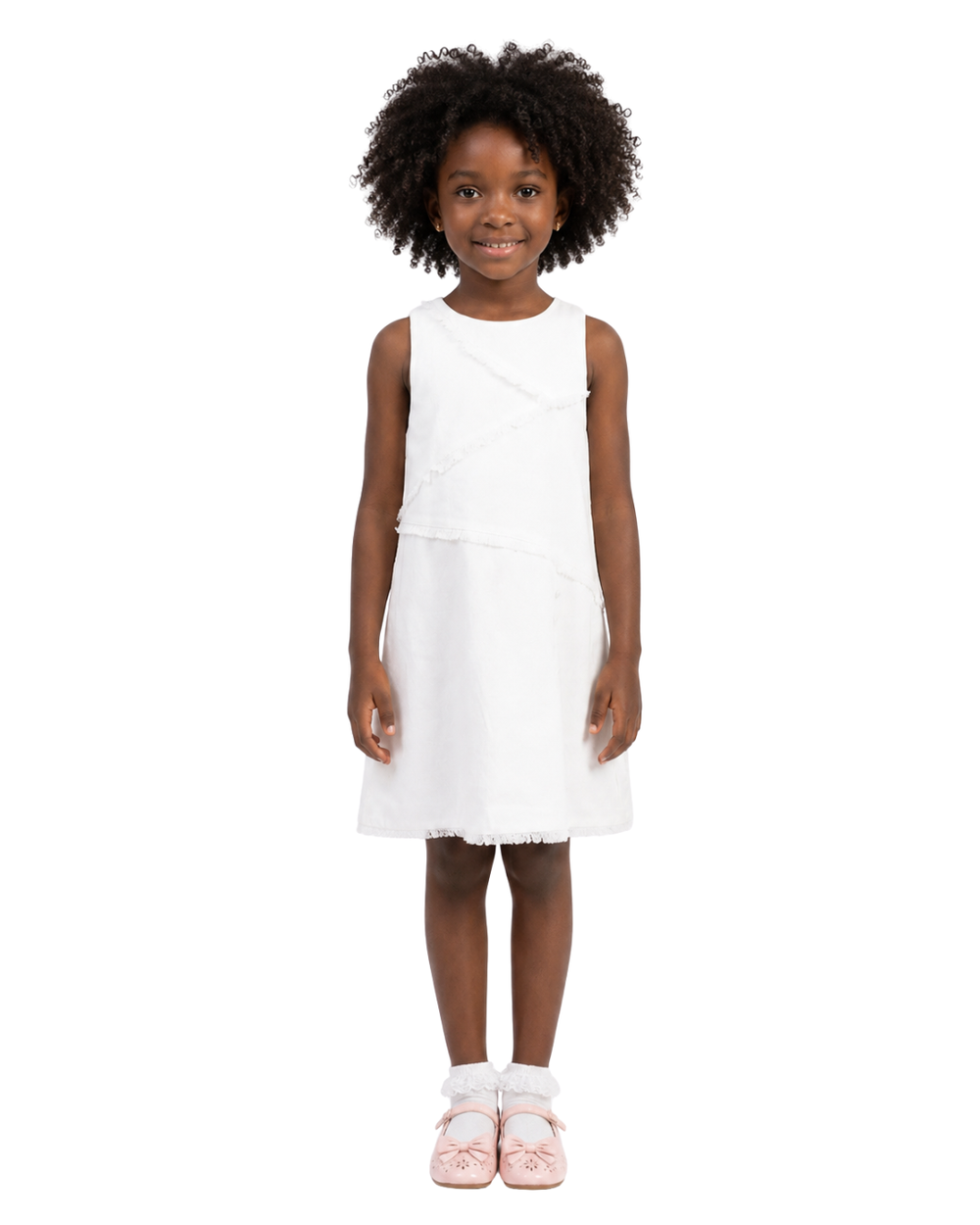 Front view of the Lori Mini Dress in white featuring asymmetrical frayed detailing from Imad Eduso Kids.