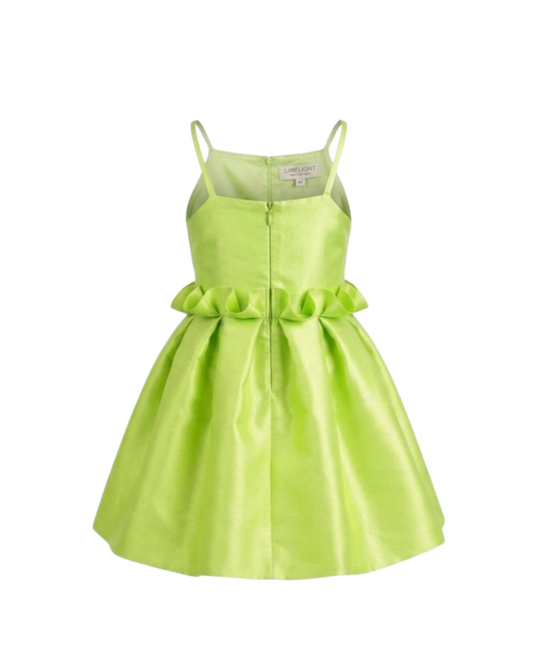 Back View of the Lime green Oyin Party Dress for girls with sculptural ruffle waist by Imad Eduso Kids
