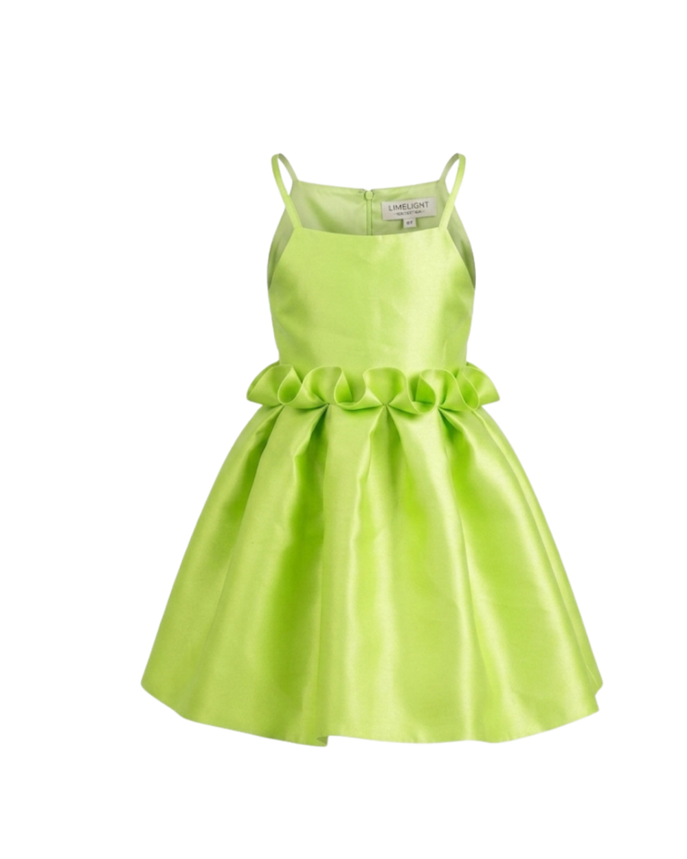 Front view of the Lime green Oyin Party Dress for girls with sculptural ruffle waist by Imad Eduso Kids