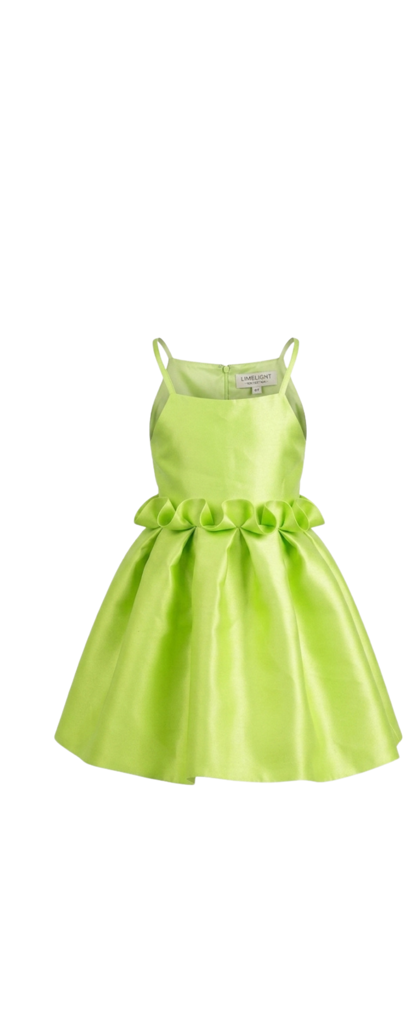 Front view of the Lime green Oyin Party Dress for girls with sculptural ruffle waist by Imad Eduso Kids