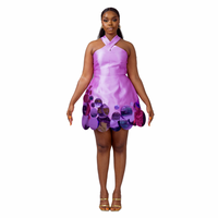 A model wearing a Lilac mini dress with a criss-cross neckline and sequins embellishment at the hem