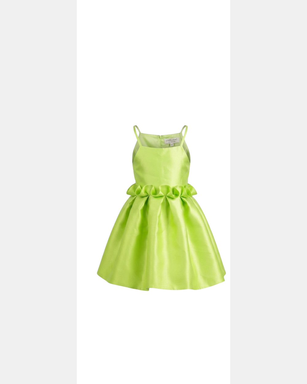 Front view of the Lime green Oyin Party Dress for girls with sculptural ruffle waist by Imad Eduso Kids