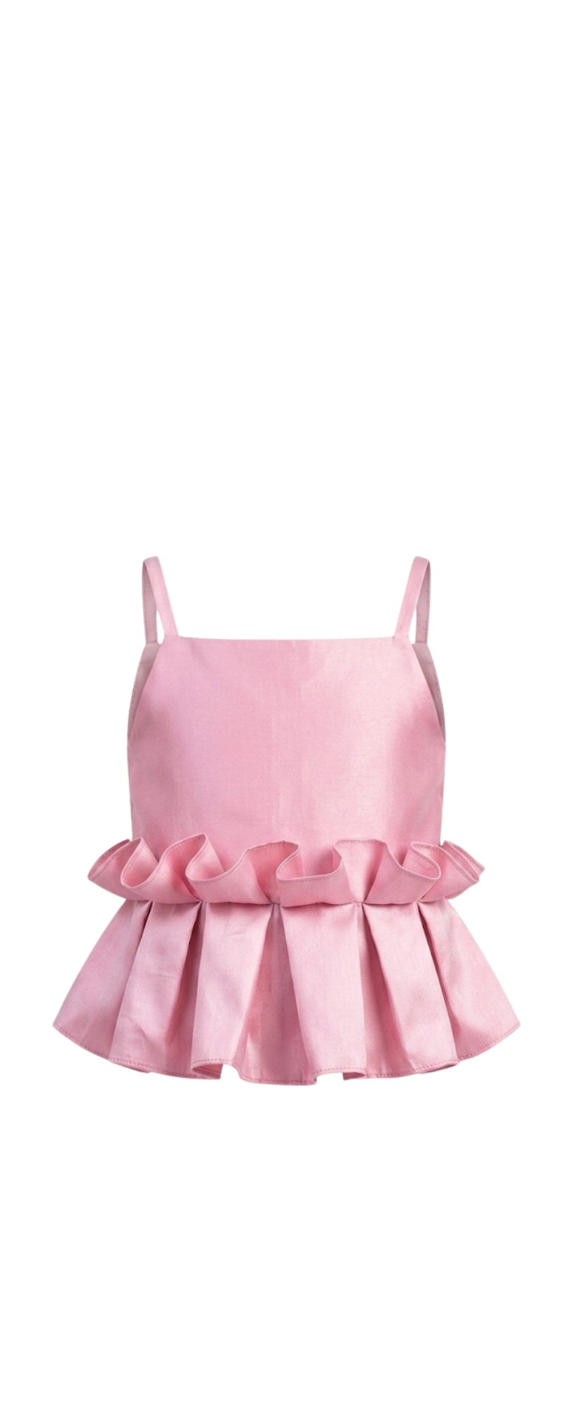 Front view of blush pink satin Peplum Top for girls with layered frill detailing