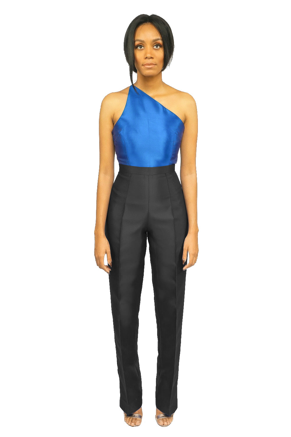 A model wearing a one-shoulder Blue Top and a Black high waist straight cut pant