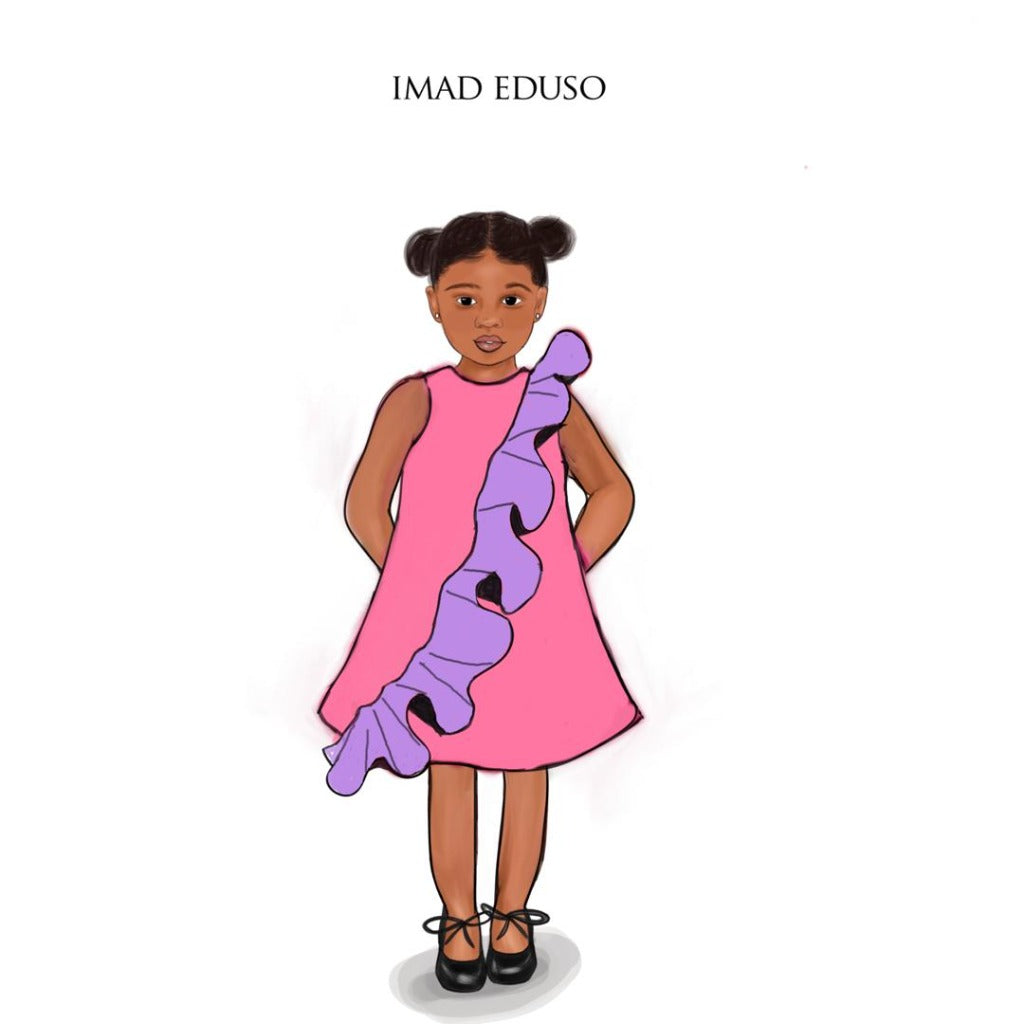 An illustration of a kid model wearing a pink dress with a lilac ruffle design