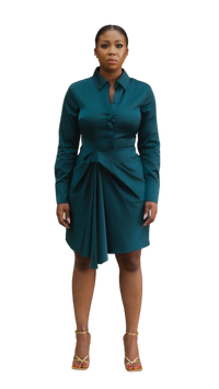 A model wearing a teal blue dress