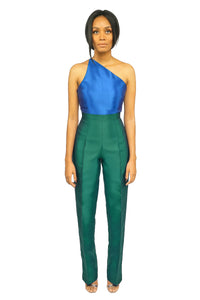 A model wearing a one-shoulder Blue Top and a green high waist straight cut pant