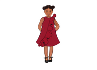 An illustration of a kid model wearing a wine dress with a wine ruffle design