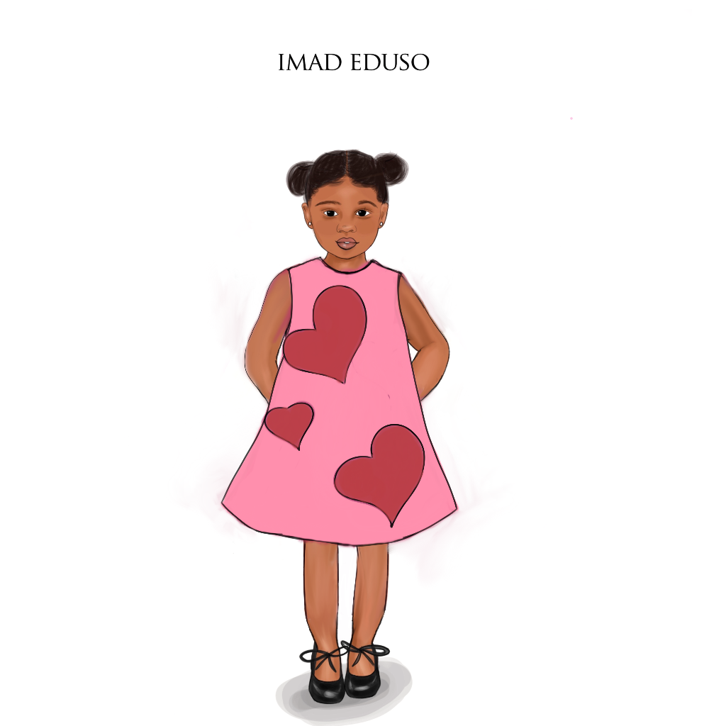An illustration of a kid wearing a pink Silk Satin Mini Dress With Hand Cut Heart Placements 