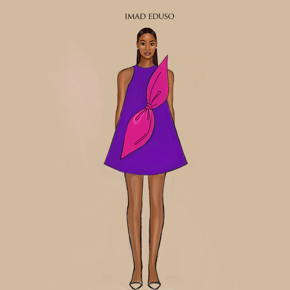 An illustration of a model wearing a purple silk satin dress without sleeves with a pink bow on it