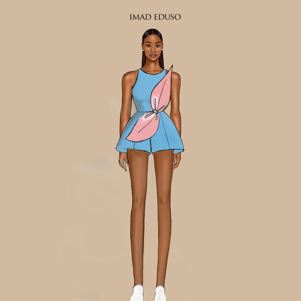 An illustration of a model wearing a blue silk satin playsuit without sleeves with a pink bow on it