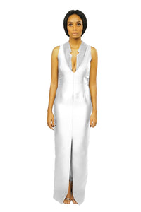 A model wearing a white Sleeveless V Neck dress 