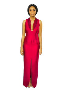 A model wearing a red Sleeveless V Neck dress 