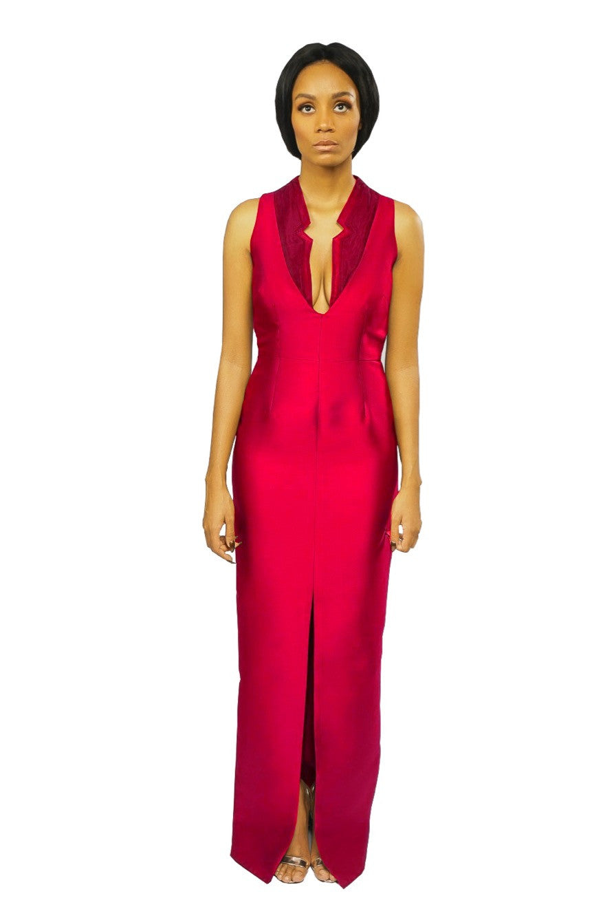 A model wearing a red Sleeveless V Neck dress 
