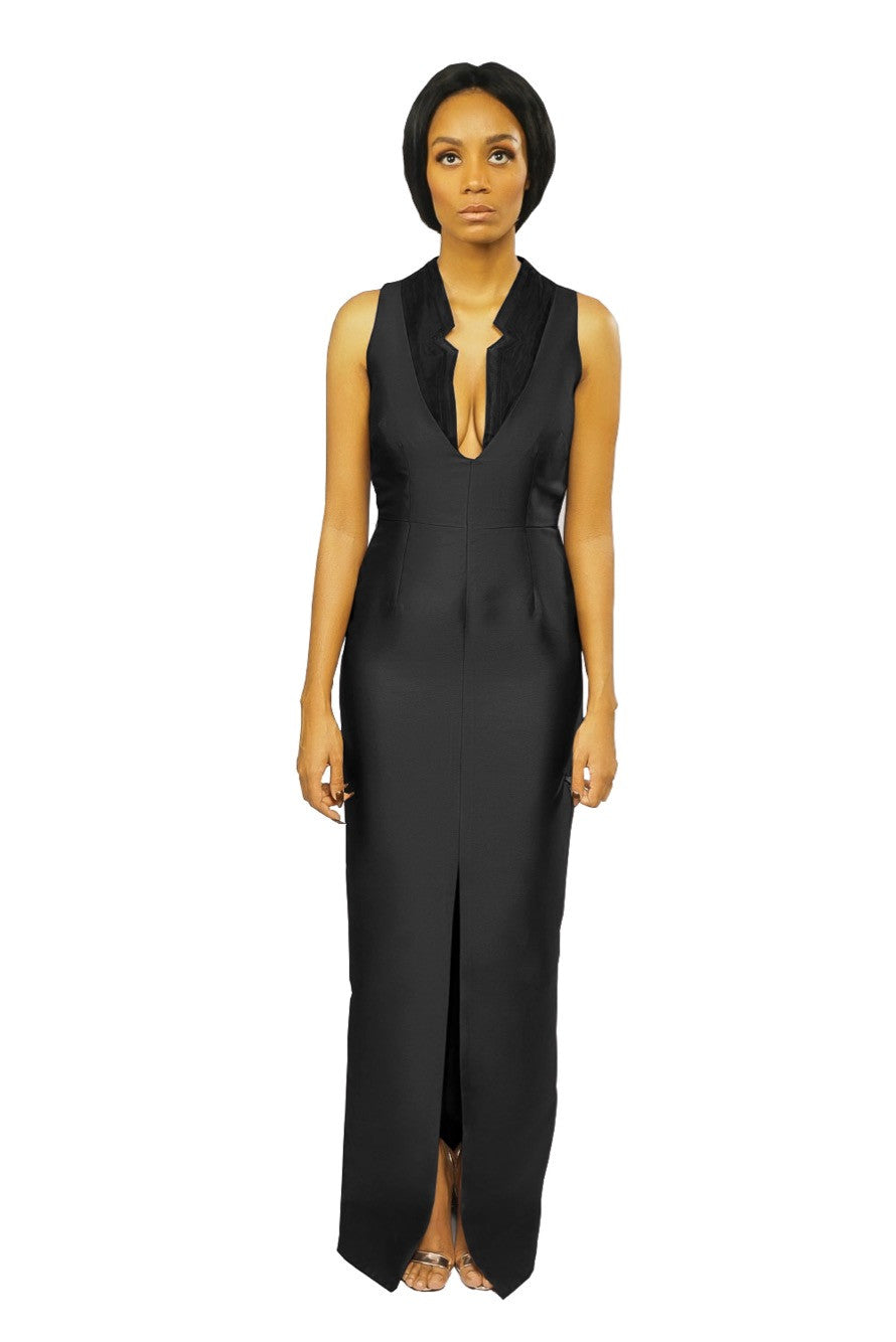 A model wearing a black Sleeveless V Neck dress 