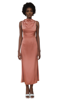 a model wearing a rose gold dress