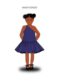 An illustration of girl wearing a one-shoulder blue dress with drop waist ruffle detailing