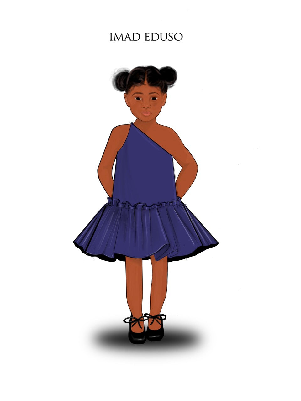 An illustration of girl wearing a one-shoulder blue dress with drop waist ruffle detailing