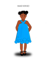An illustration of a girl wearing a Turquoise A-line dress with a criss-cross neckline and sequins embellishment