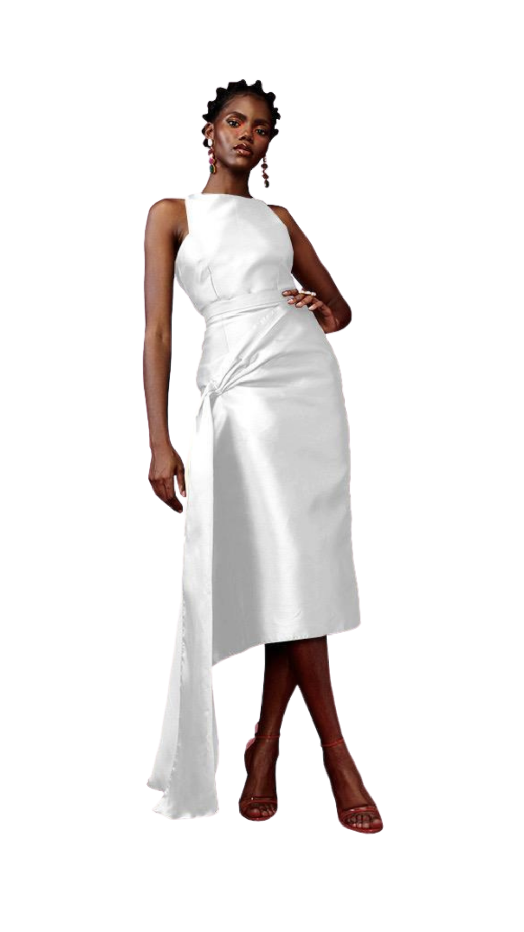 A model wearing a white silk satin top and skirt