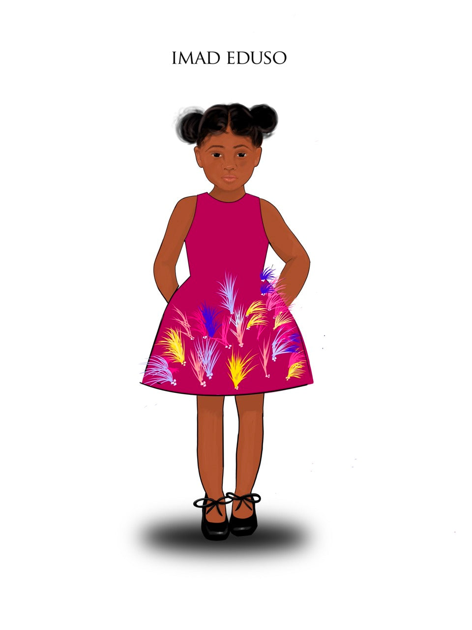 An illustration of a kid model wearing a magenta dress with ostrich feathers 