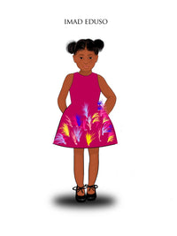 An illustration of a kid model wearing a magenta dress with ostrich feathers 
