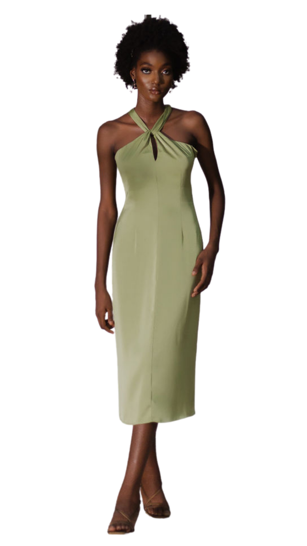A model wearing an olive halter neck dress 