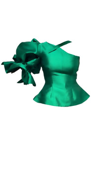 A silk satin green one-shoulder top