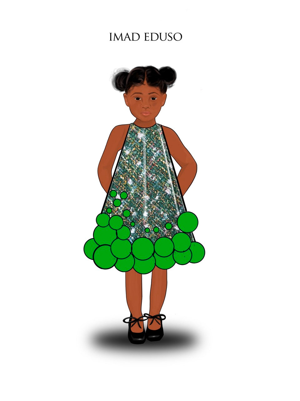 An illustration of a kid model wearing a Green dress with sequins embellishment