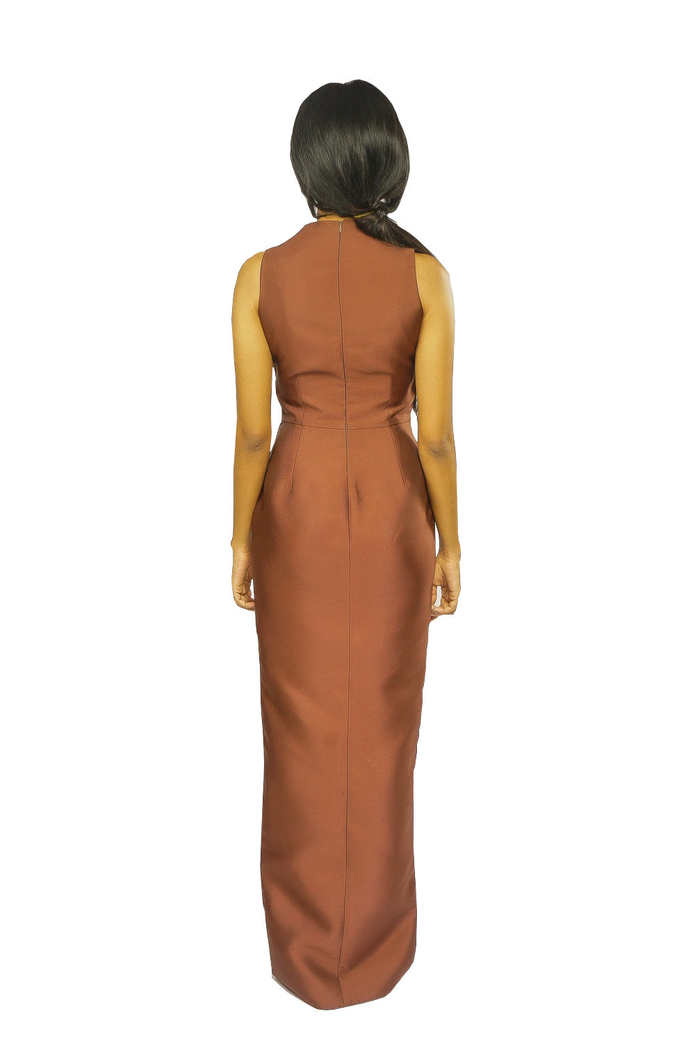 The back of a model wearing a brown Sleeveless V Neck dress 