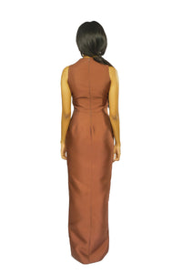 The back of a model wearing a brown Sleeveless V Neck dress 
